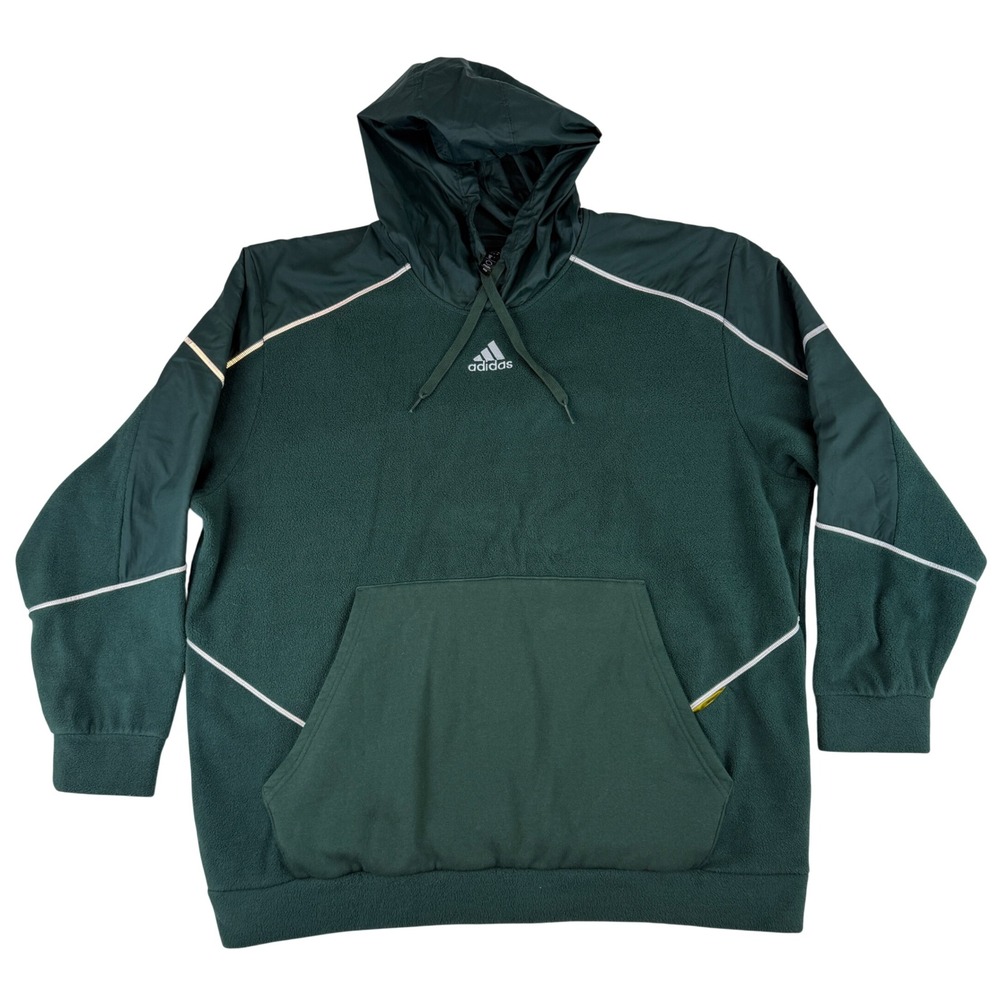 Adidas Fleece Hoodie Mens 2XL Green Reflective Piping Pullover Sweatshirt